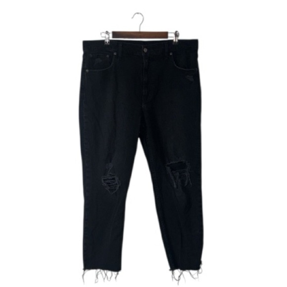 Gap Black Cheeky Straight Leg High Rise Jeans Distressed Busted Knee Size 34/18R